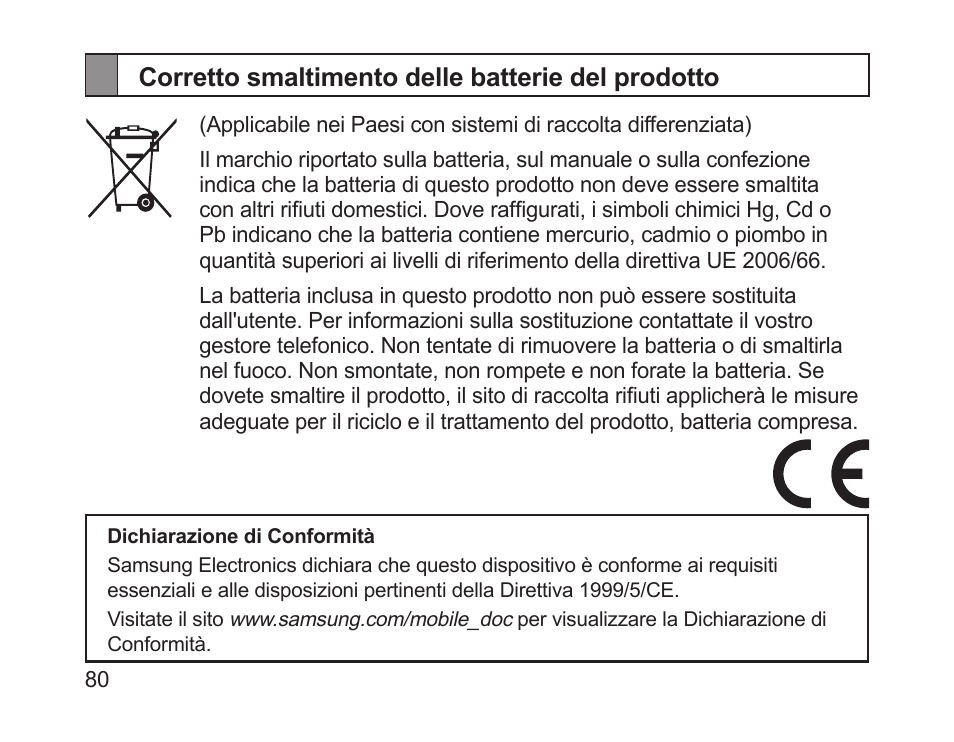 Corretto smaltimento delle batterie del prodotto | Samsung HM1700 User Manual | Page 82 / 143