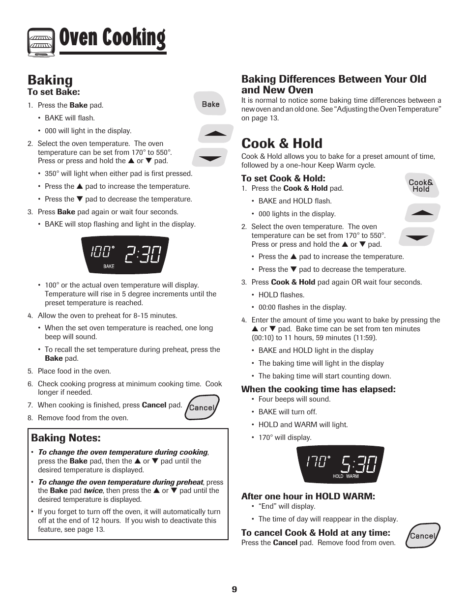 Oven cooking, Baking, Cook & hold | Baking differences between your old and new oven | Amana 700 User Manual | Page 10 / 76
