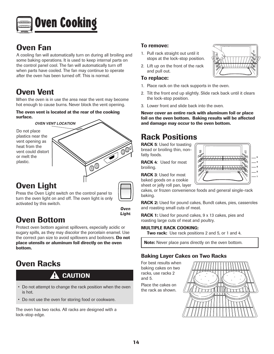 Oven cooking, Oven light, Oven bottom | Oven fan, Oven vent, Rack positions, Oven racks | Amana 700 User Manual | Page 15 / 76