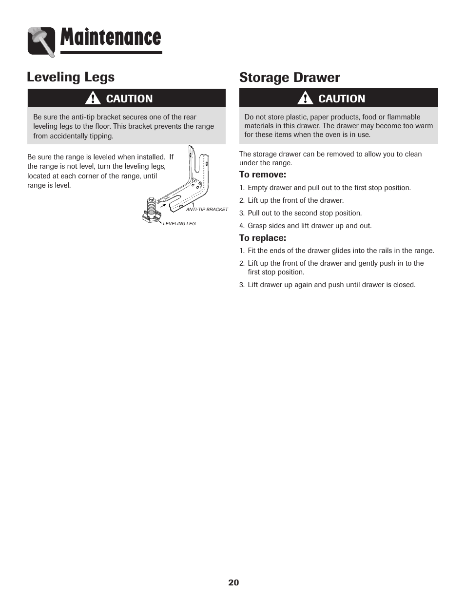 Maintenance, Storage drawer, Leveling legs | Caution | Amana 700 User Manual | Page 21 / 76