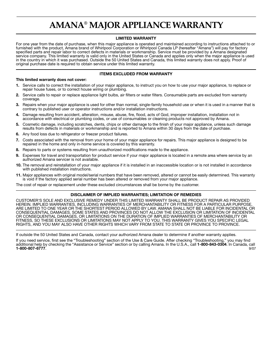 Amana, Major appliance warranty | Amana 700 User Manual | Page 24 / 76