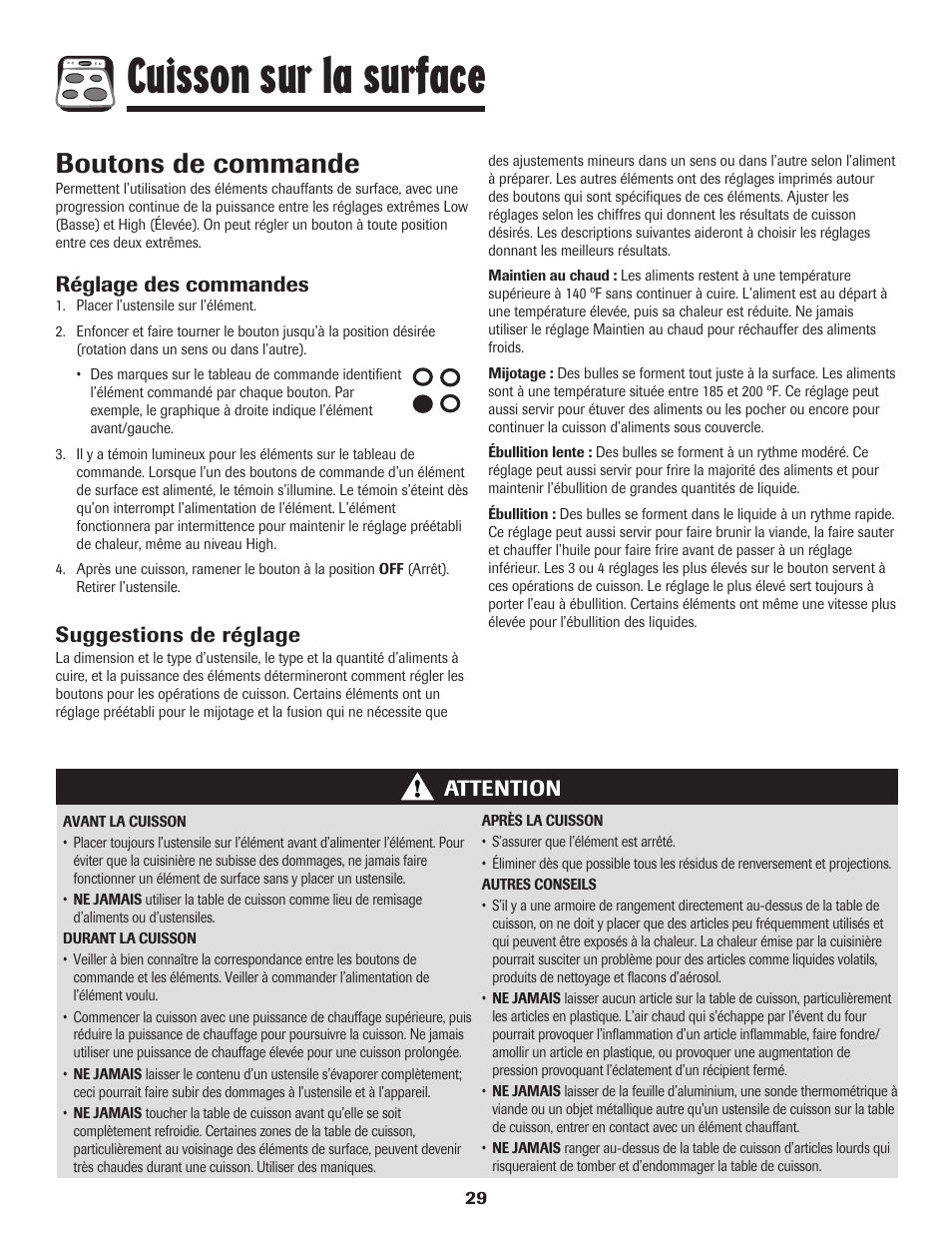 Cuisson sur la surface, Boutons de commande, Réglage des commandes | Suggestions de réglage, Attention | Amana 700 User Manual | Page 30 / 76
