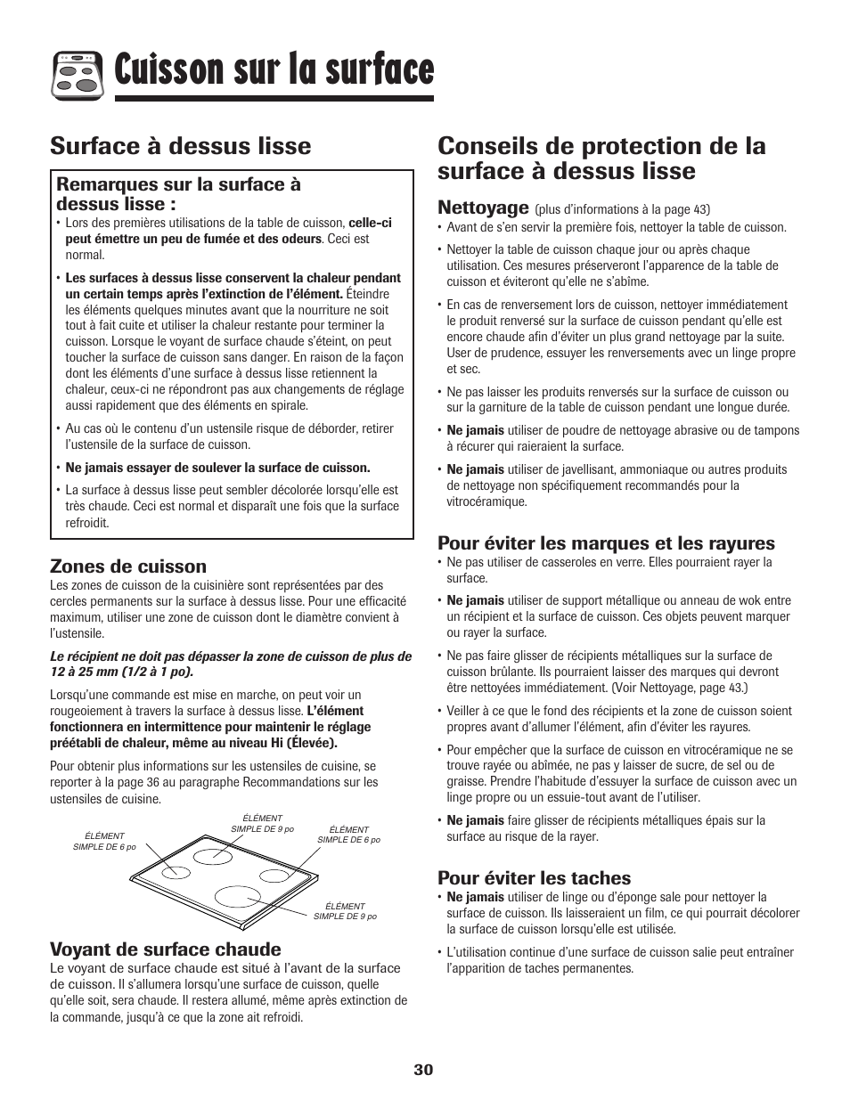 Cuisson sur la surface, Surface à dessus lisse, Remarques sur la surface à dessus lisse | Zones de cuisson, Voyant de surface chaude, Nettoyage, Pour éviter les marques et les rayures, Pour éviter les taches | Amana 700 User Manual | Page 31 / 76