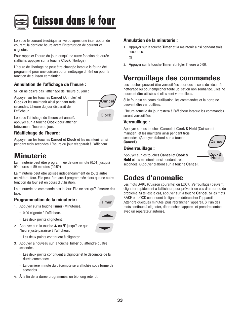 Cuisson dans le four, Minuterie, Verrouillage des commandes | Codes d’anomalie | Amana 700 User Manual | Page 34 / 76