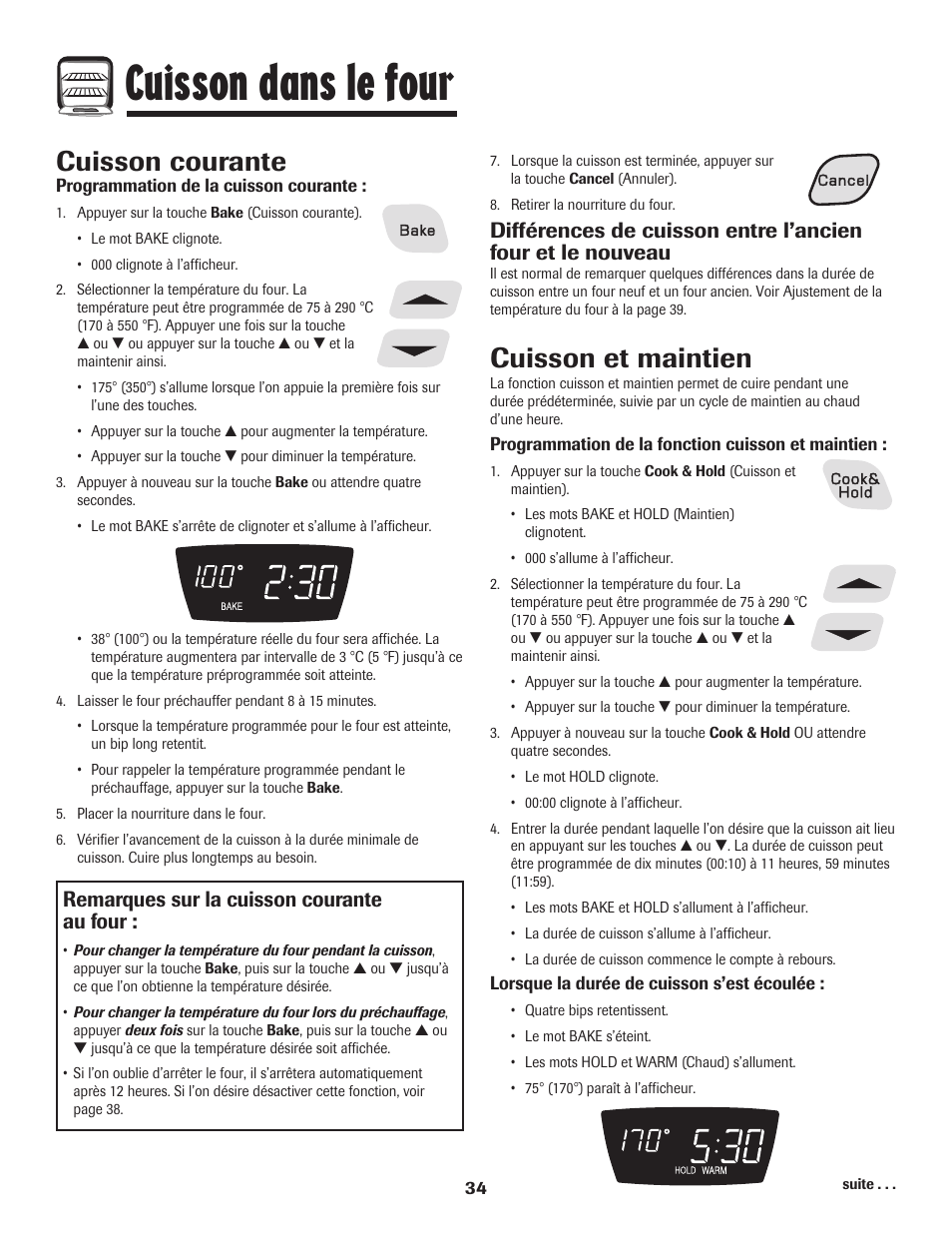 Cuisson dans le four, Cuisson courante, Cuisson et maintien | Remarques sur la cuisson courante au four | Amana 700 User Manual | Page 35 / 76