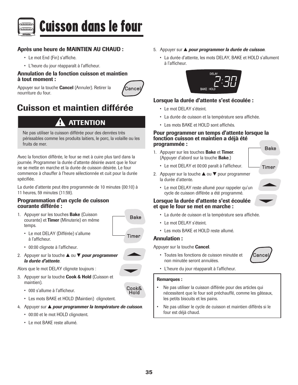 Cuisson dans le four, Cuisson et maintien différée, Attention | Amana 700 User Manual | Page 36 / 76