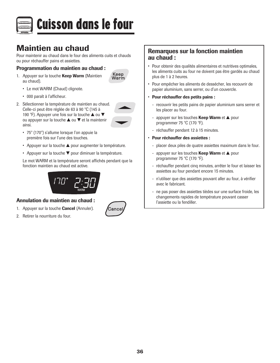 Cuisson dans le four, Maintien au chaud, Remarques sur la fonction maintien au chaud | Amana 700 User Manual | Page 37 / 76
