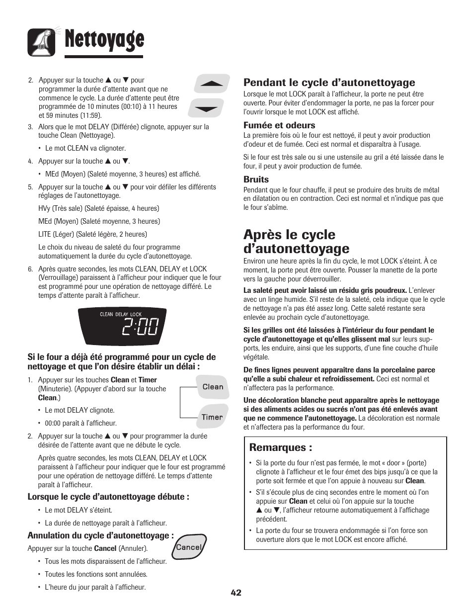 Nettoyage, Après le cycle d’autonettoyage, Remarques | Pendant le cycle d’autonettoyage | Amana 700 User Manual | Page 43 / 76