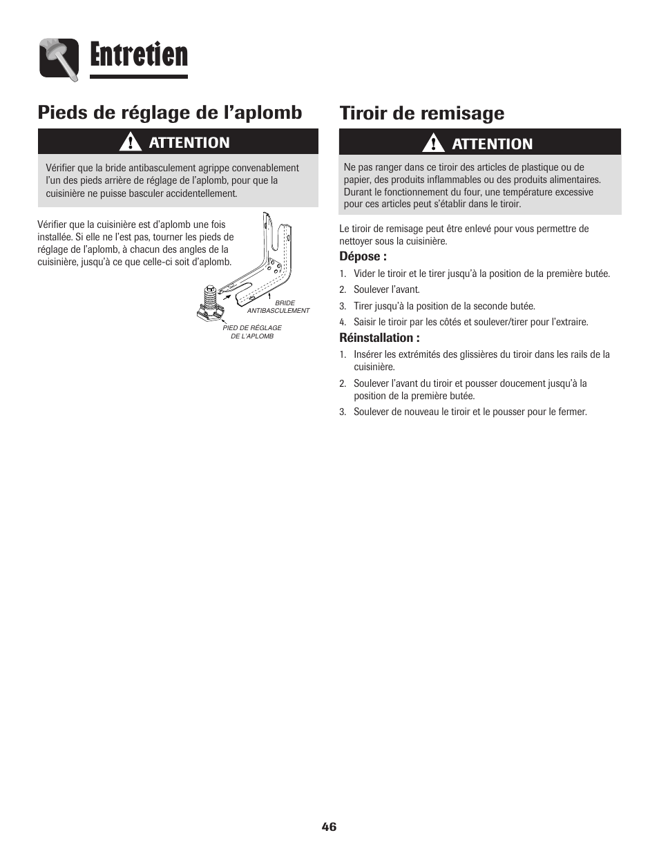 Entretien, Tiroir de remisage, Pieds de réglage de l’aplomb | Attention | Amana 700 User Manual | Page 47 / 76