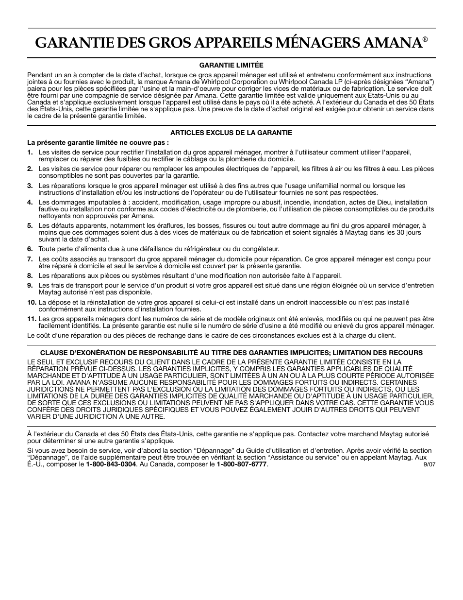 Garantie des gros appareils ménagers amana | Amana 700 User Manual | Page 50 / 76