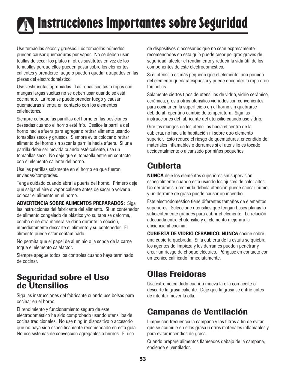 Instrucciones importantes sobre seguridad, Seguridad sobre el uso de utensilios, Cubierta | Ollas freidoras, Campanas de ventilación | Amana 700 User Manual | Page 54 / 76