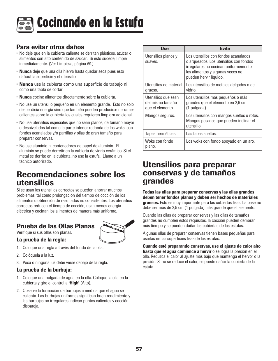 Cocinando en la estufa, Recomendaciones sobre los utensilios, Para evitar otros daños | Prueba de las ollas planas | Amana 700 User Manual | Page 58 / 76