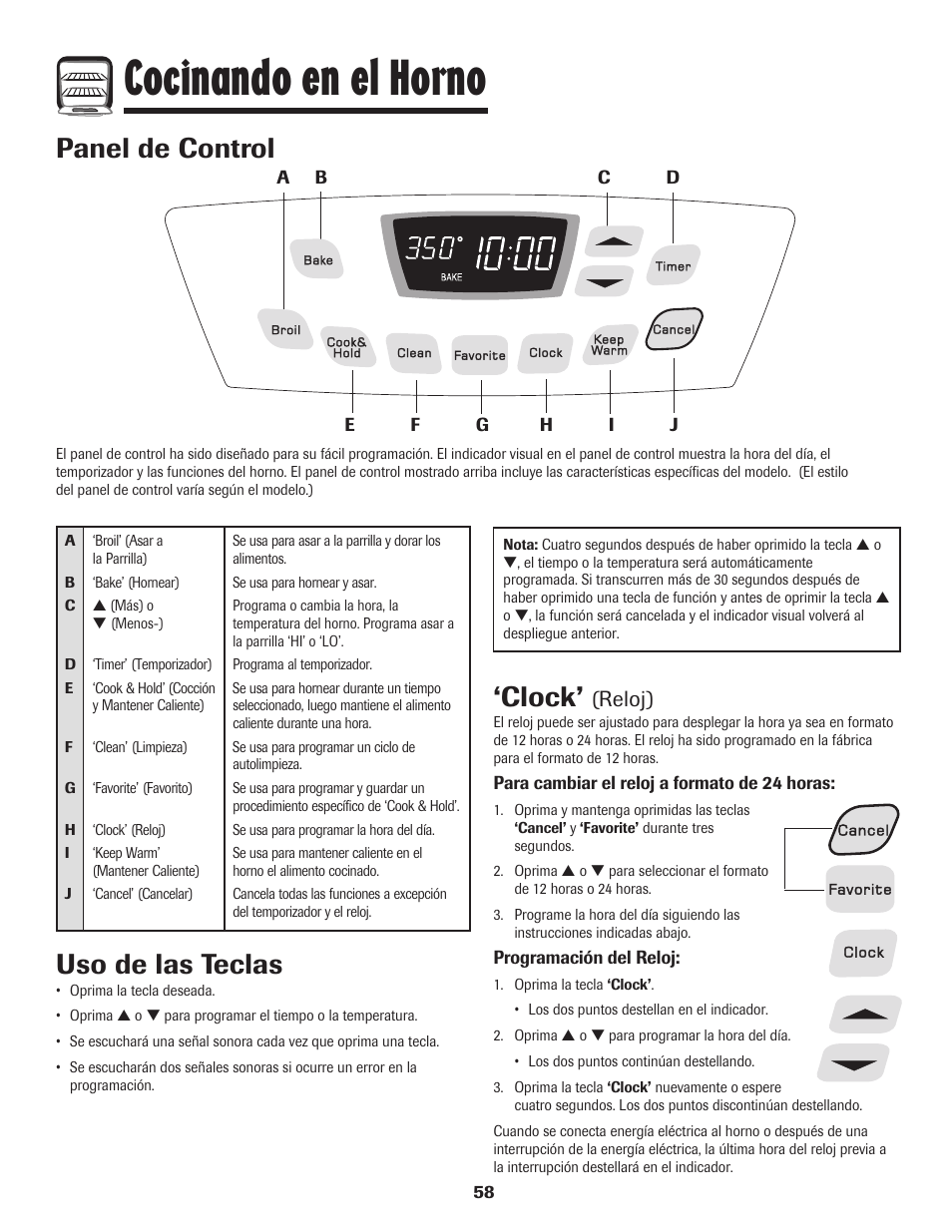 Cocinando en el horno, Panel de control, Clock | Uso de las teclas, Reloj) | Amana 700 User Manual | Page 59 / 76