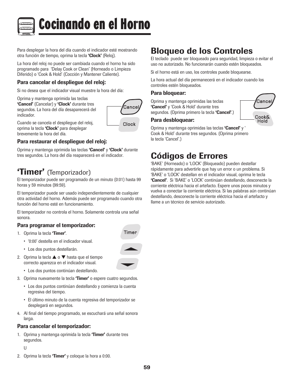 Cocinando en el horno, Timer, Bloqueo de los controles | Códigos de errores, Temporizador) | Amana 700 User Manual | Page 60 / 76