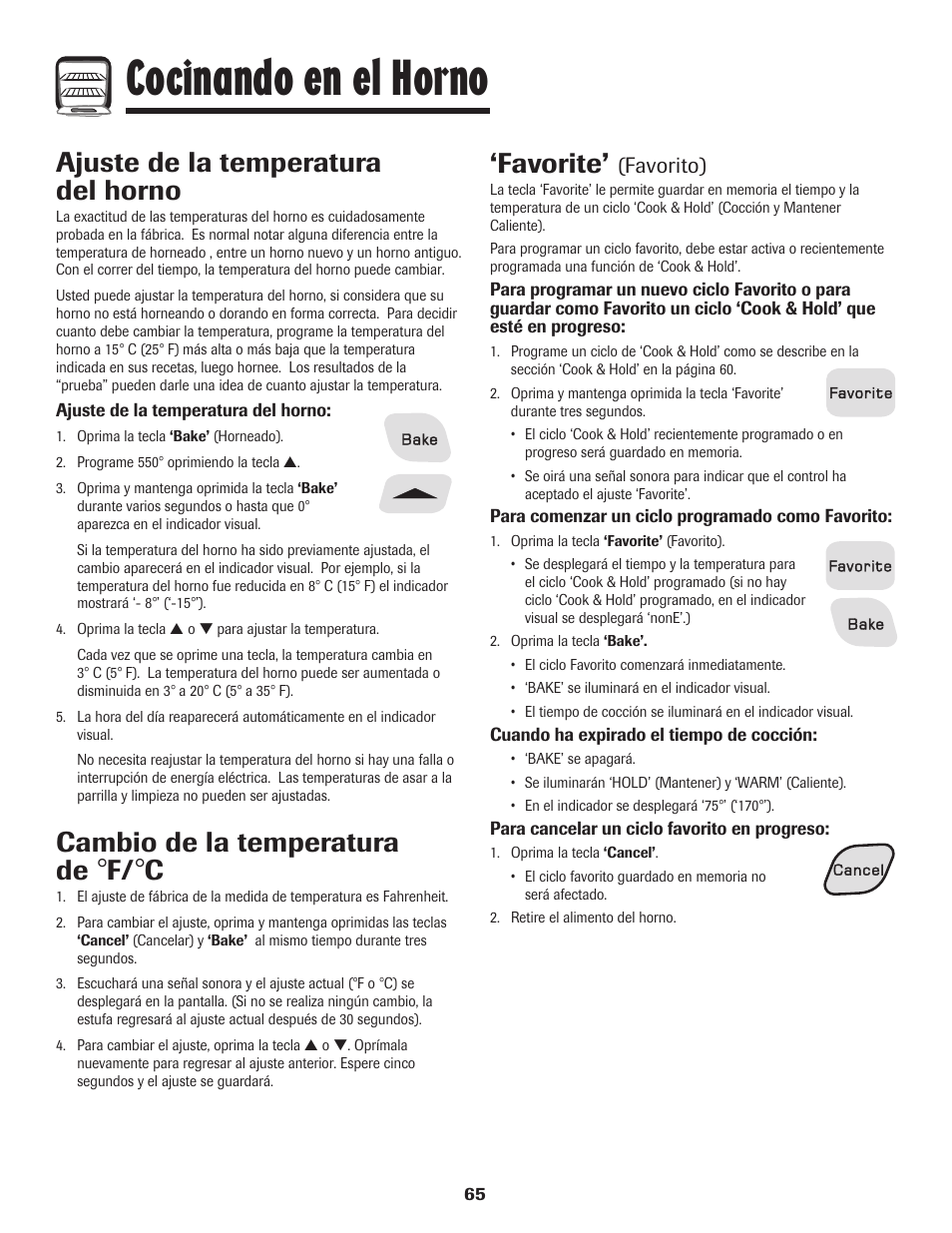 Cocinando en el horno, Favorite, Ajuste de la temperatura del horno | Cambio de la temperatura de, Favorito) | Amana 700 User Manual | Page 66 / 76