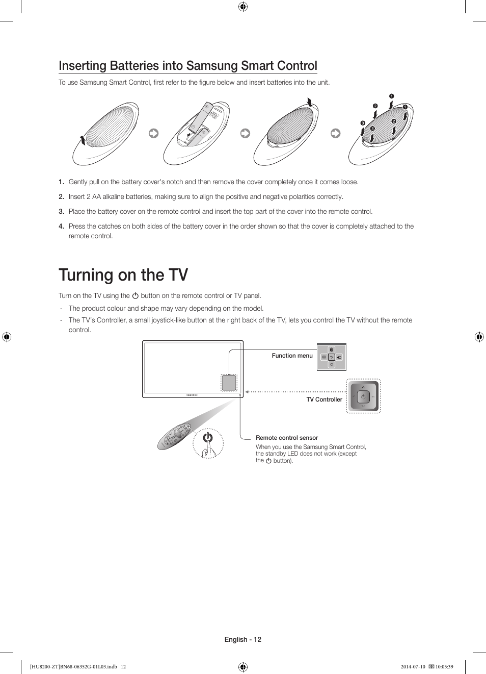 Turning on the tv, Inserting batteries into samsung smart control | Samsung UE55HU8200Z User Manual | Page 12 / 73