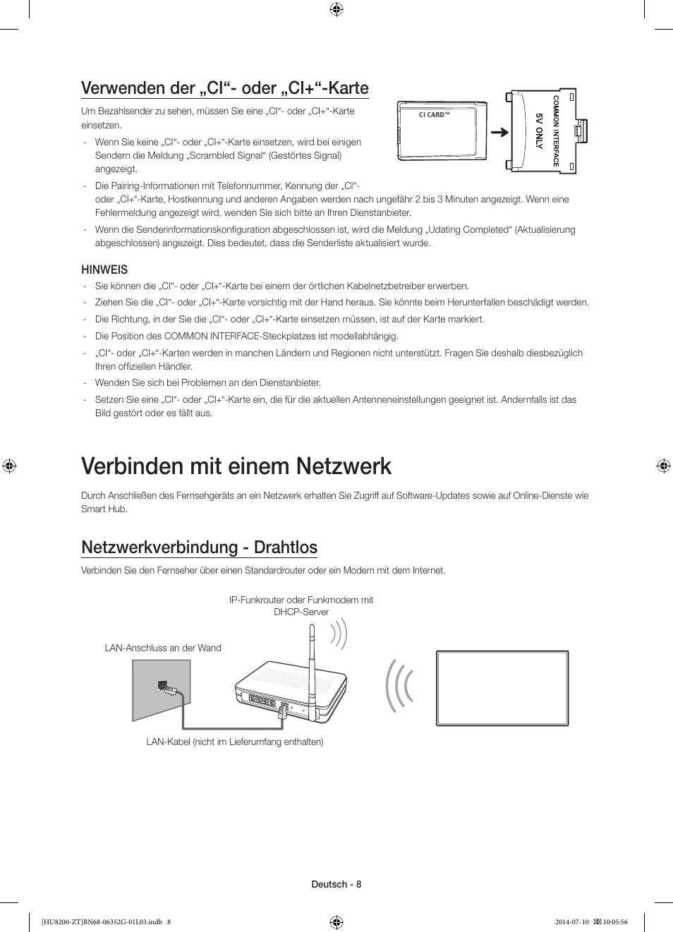 Verbinden mit einem netzwerk, Verwenden der „ci“- oder „ci+“-karte, Netzwerkverbindung - drahtlos | Samsung UE55HU8200Z User Manual | Page 56 / 73