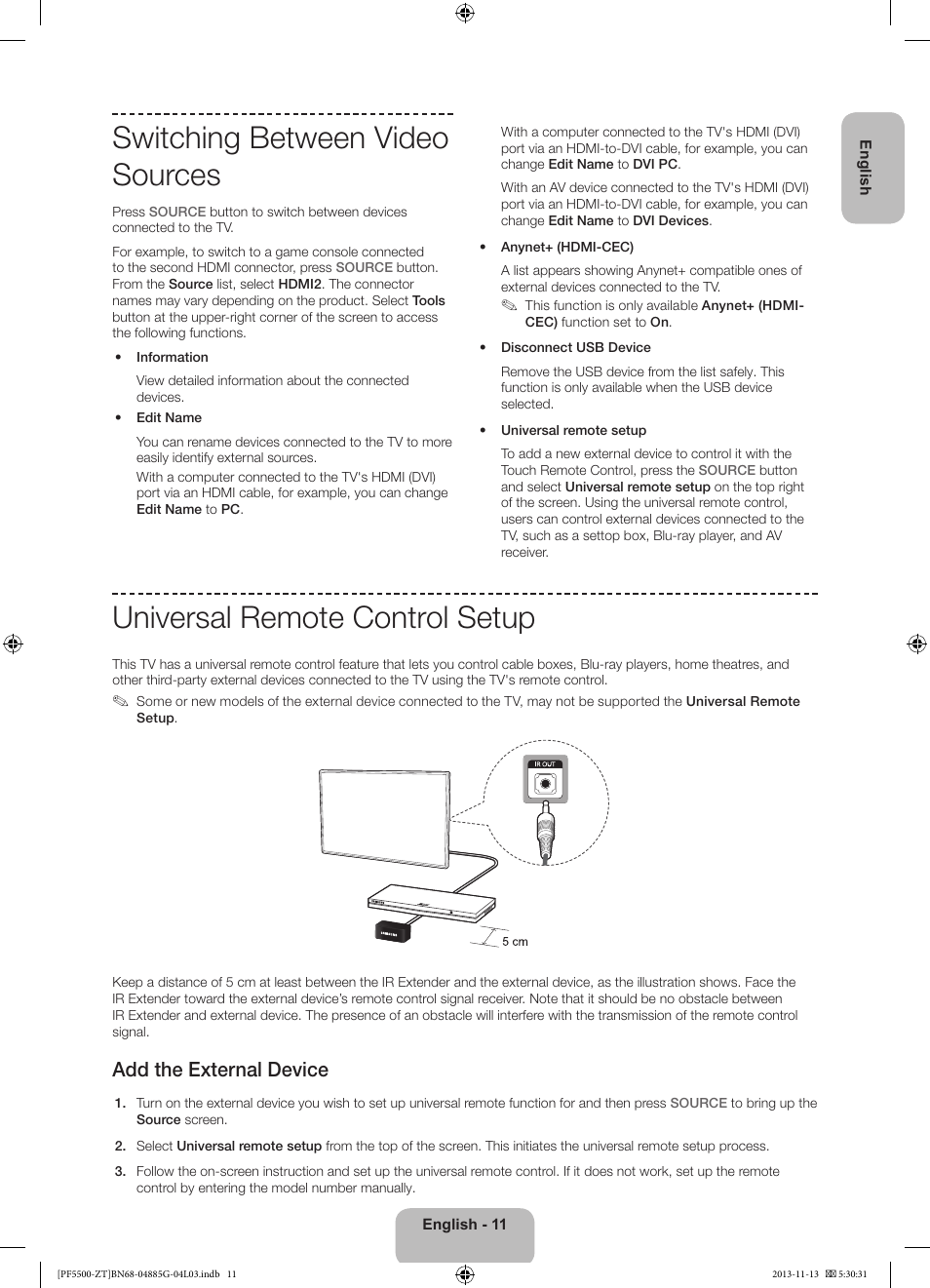 Switching between video sources, Universal remote control setup, Add the external device | Samsung PS60F5500AY User Manual | Page 11 / 75