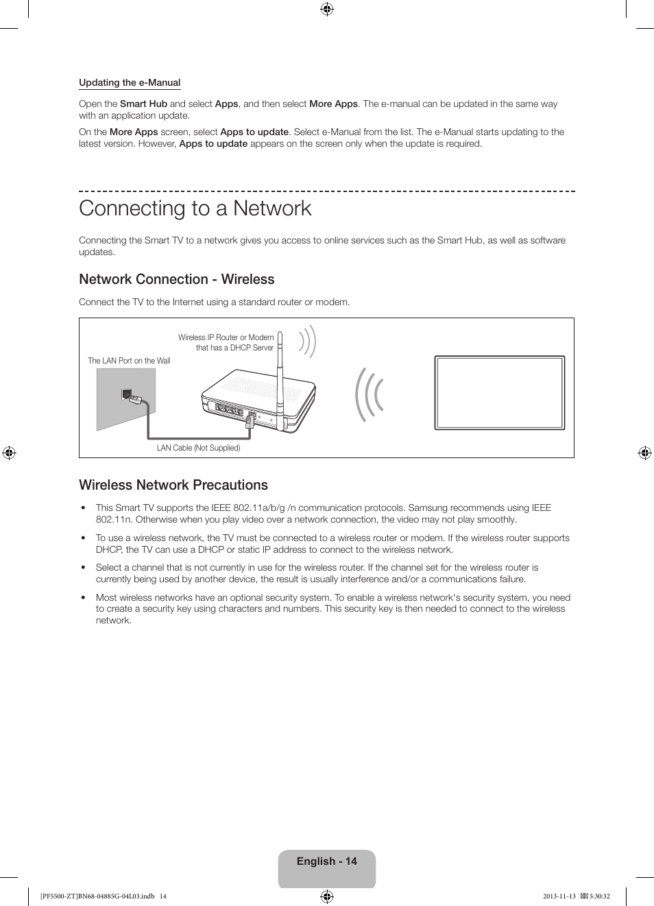 Connecting to a network, Network connection - wireless, Wireless network precautions | Samsung PS60F5500AY User Manual | Page 14 / 75