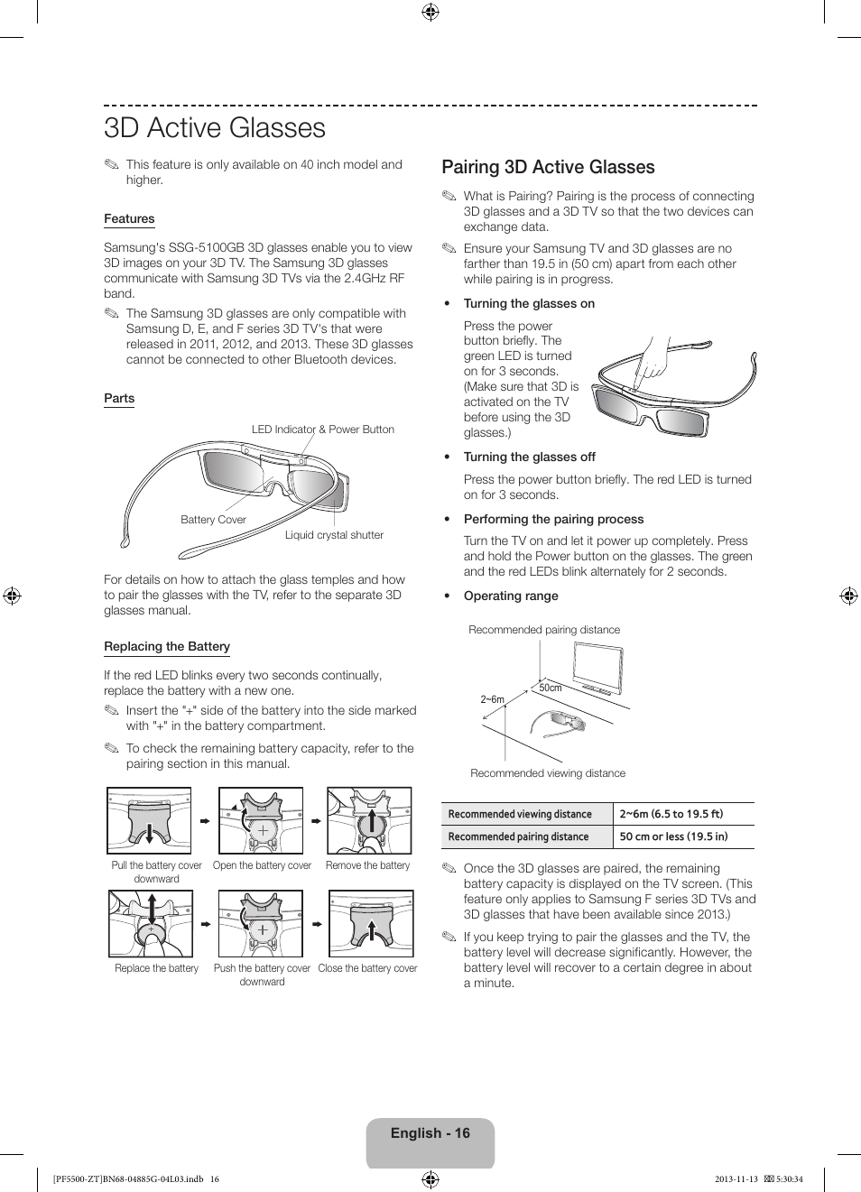 3d active glasses, Pairing 3d active glasses | Samsung PS60F5500AY User Manual | Page 16 / 75