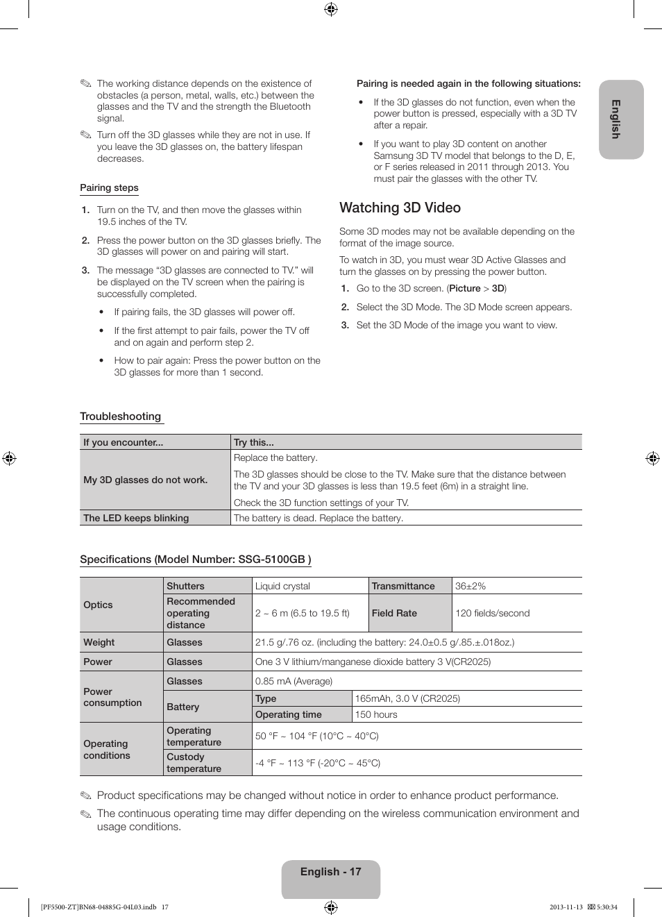 Watching 3d video | Samsung PS60F5500AY User Manual | Page 17 / 75