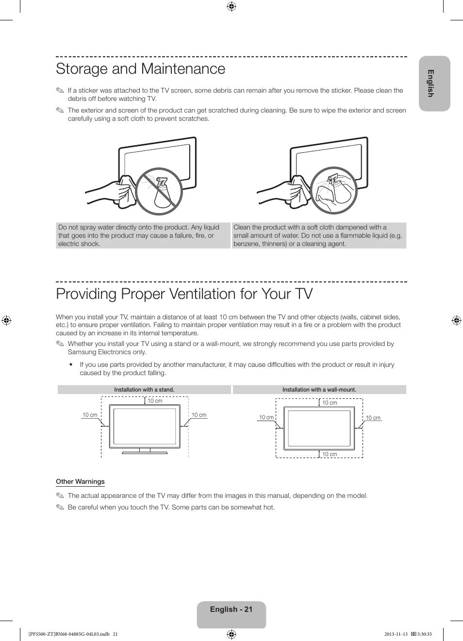 Storage and maintenance, Providing proper ventilation for your tv | Samsung PS60F5500AY User Manual | Page 21 / 75