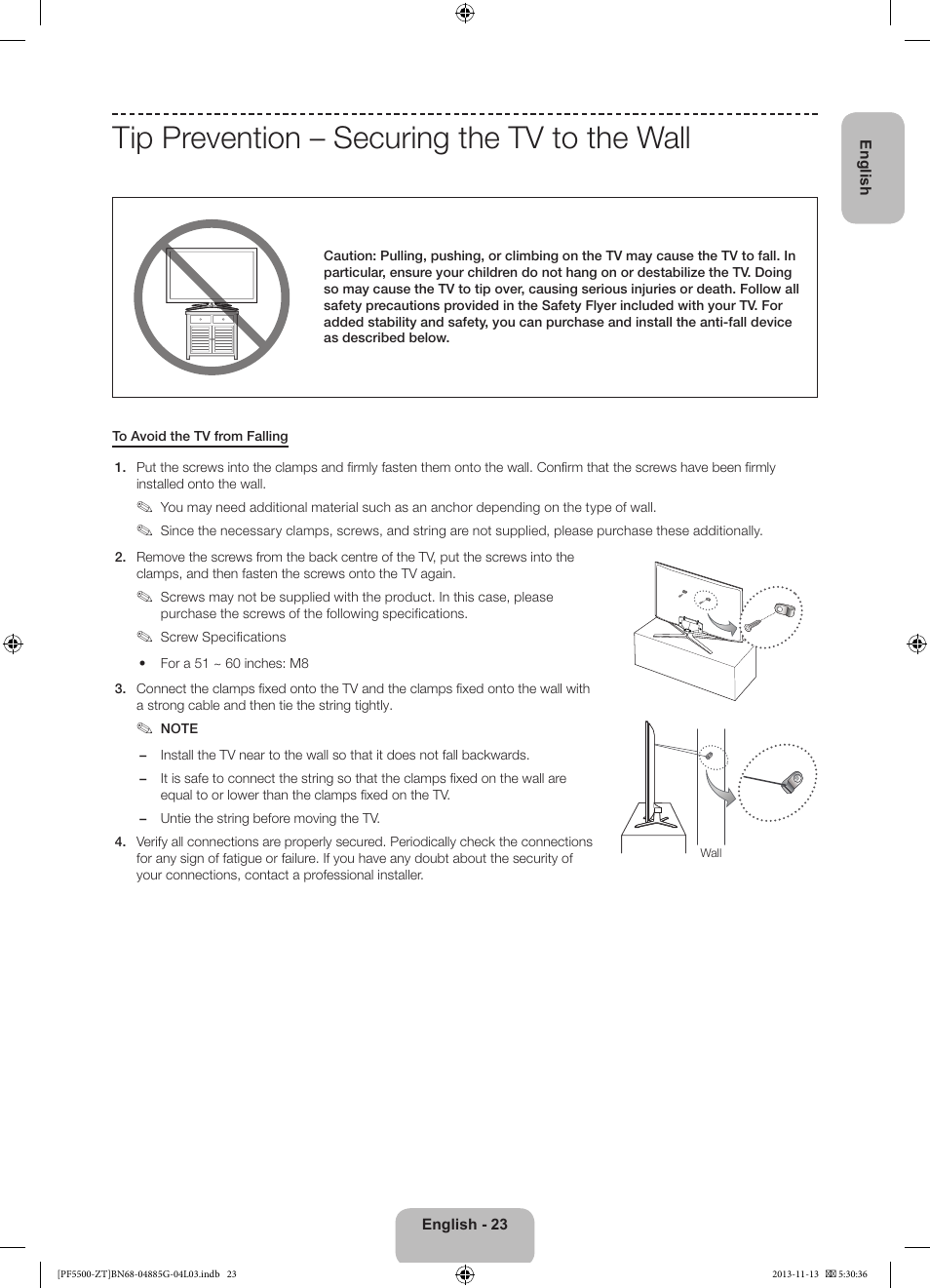 Tip prevention – securing the tv to the wall | Samsung PS60F5500AY User Manual | Page 23 / 75