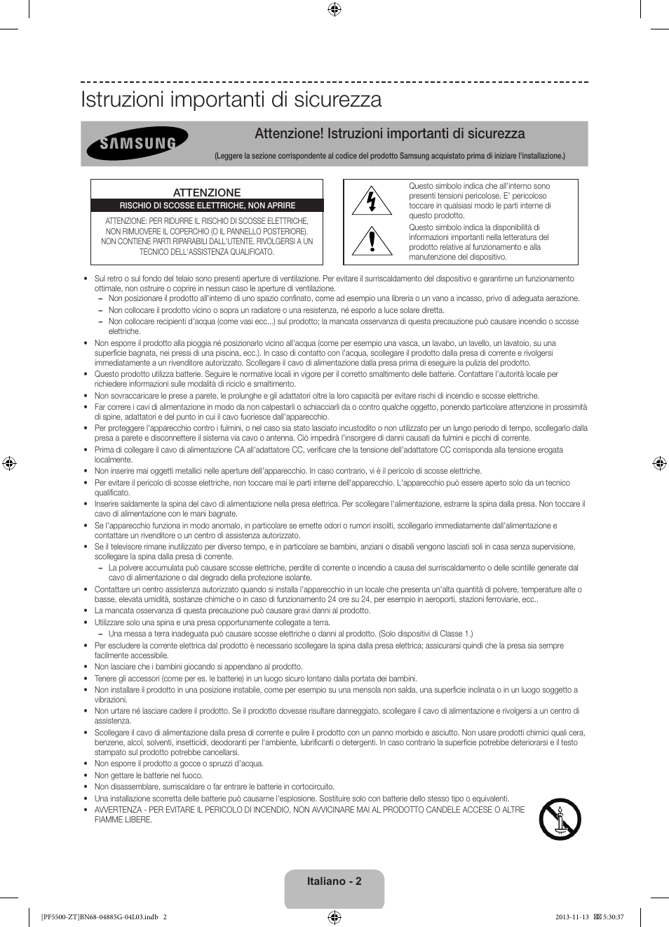 Istruzioni importanti di sicurezza, Attenzione! istruzioni importanti di sicurezza | Samsung PS60F5500AY User Manual | Page 26 / 75