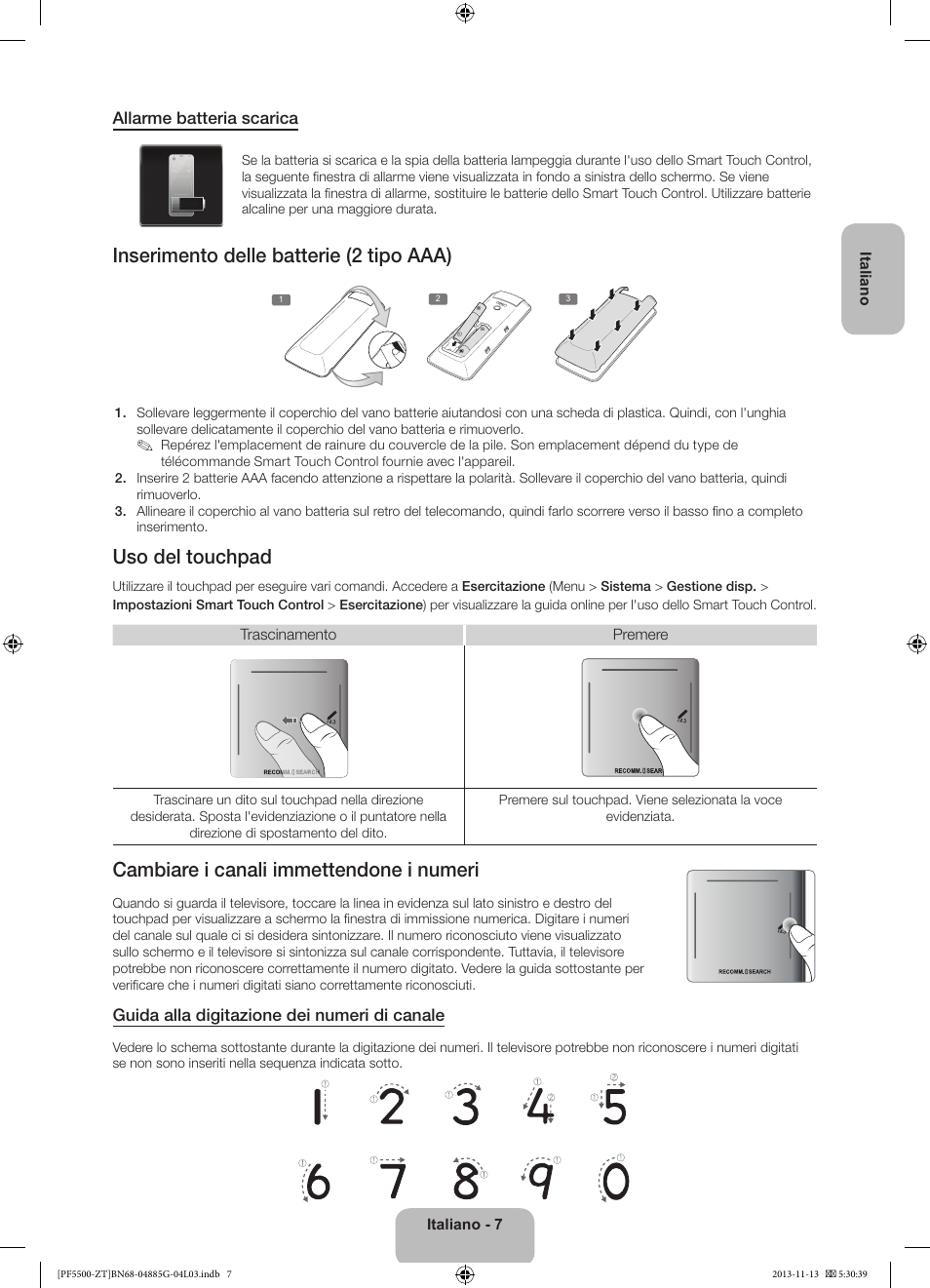 Inserimento delle batterie (2 tipo aaa), Uso del touchpad, Cambiare i canali immettendone i numeri | Samsung PS60F5500AY User Manual | Page 31 / 75