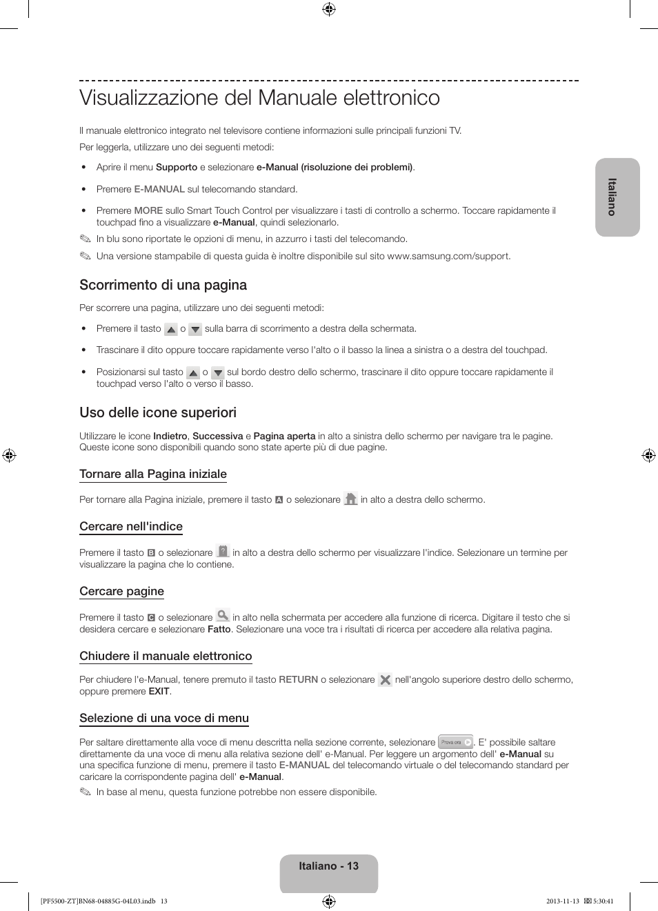 Visualizzazione del manuale elettronico, Scorrimento di una pagina, Uso delle icone superiori | Samsung PS60F5500AY User Manual | Page 37 / 75