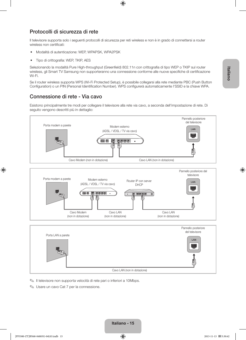 Protocolli di sicurezza di rete, Connessione di rete - via cavo | Samsung PS60F5500AY User Manual | Page 39 / 75