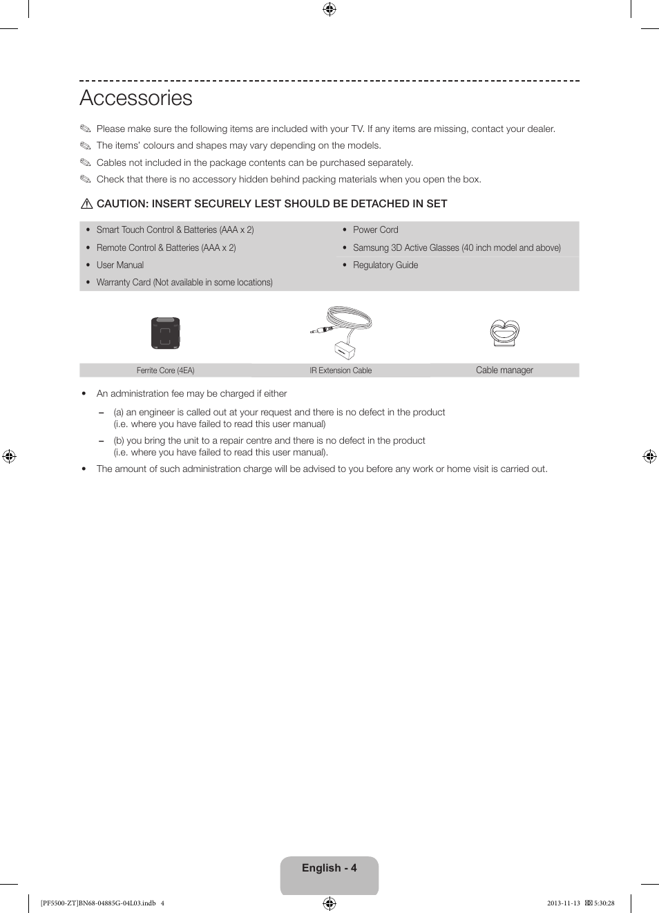 Accessories | Samsung PS60F5500AY User Manual | Page 4 / 75