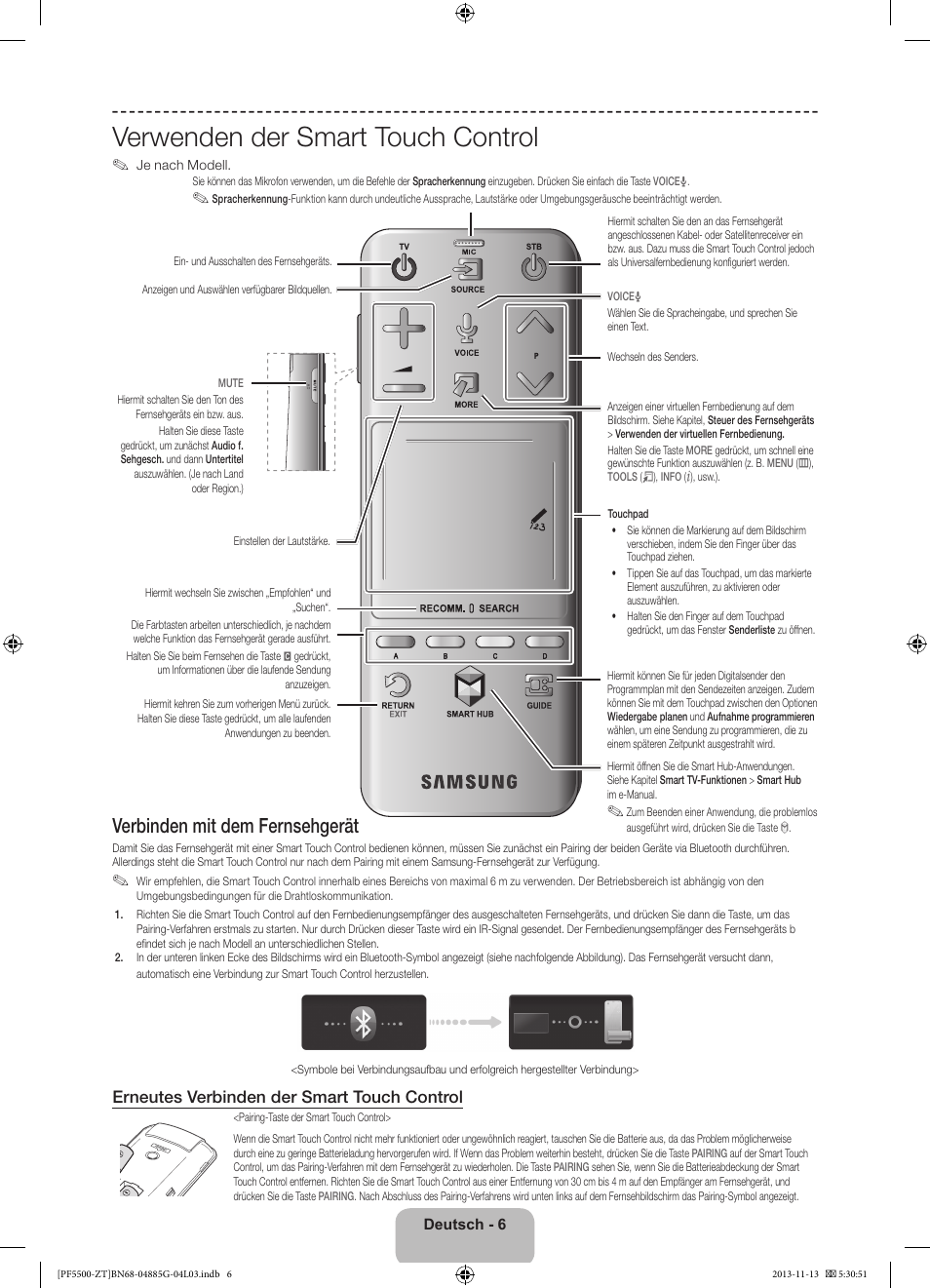 Verwenden der smart touch control, Verbinden mit dem fernsehgerät, Erneutes verbinden der smart touch control | Samsung PS60F5500AY User Manual | Page 56 / 75