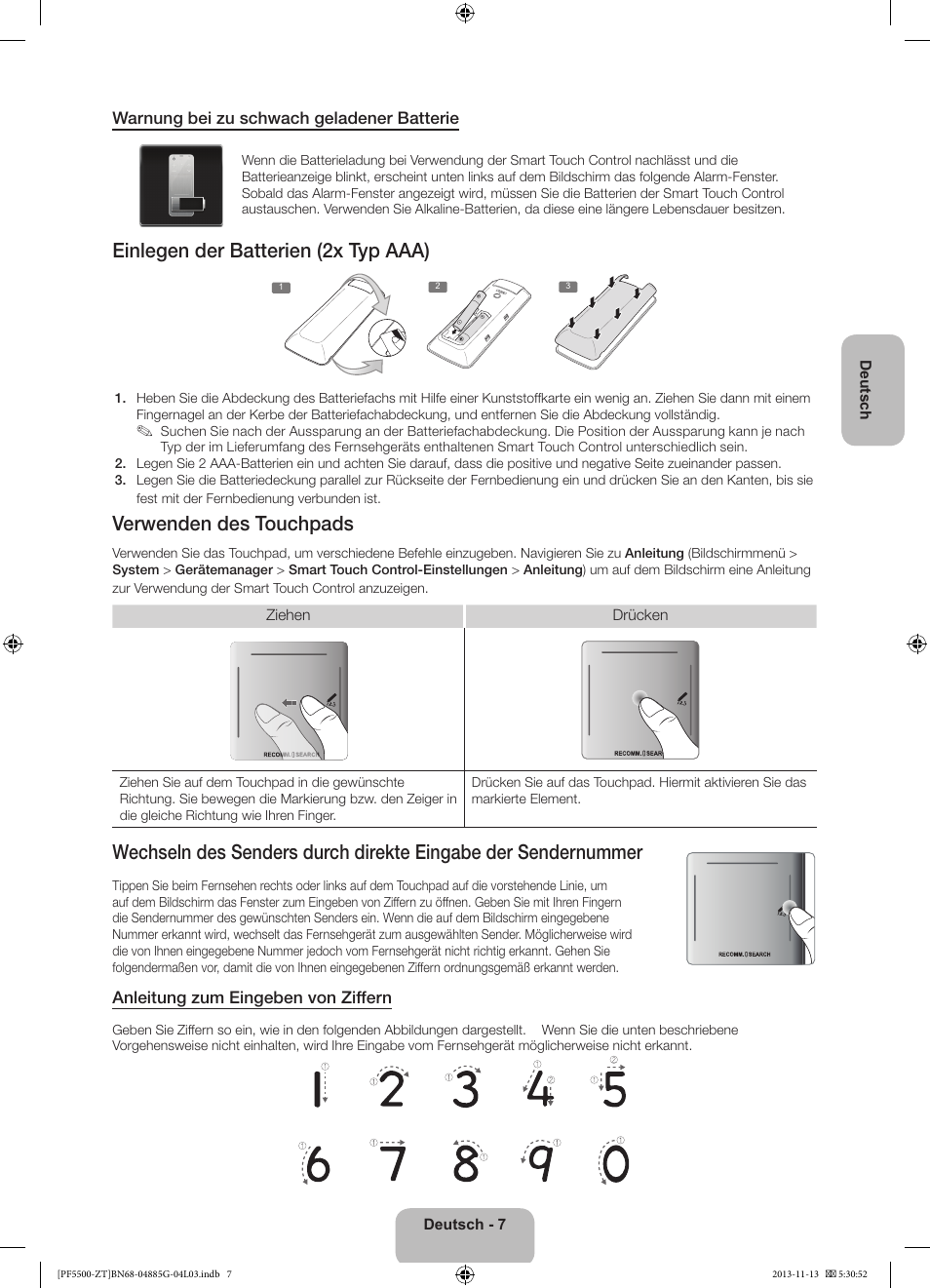 Einlegen der batterien (2x typ aaa), Verwenden des touchpads | Samsung PS60F5500AY User Manual | Page 57 / 75