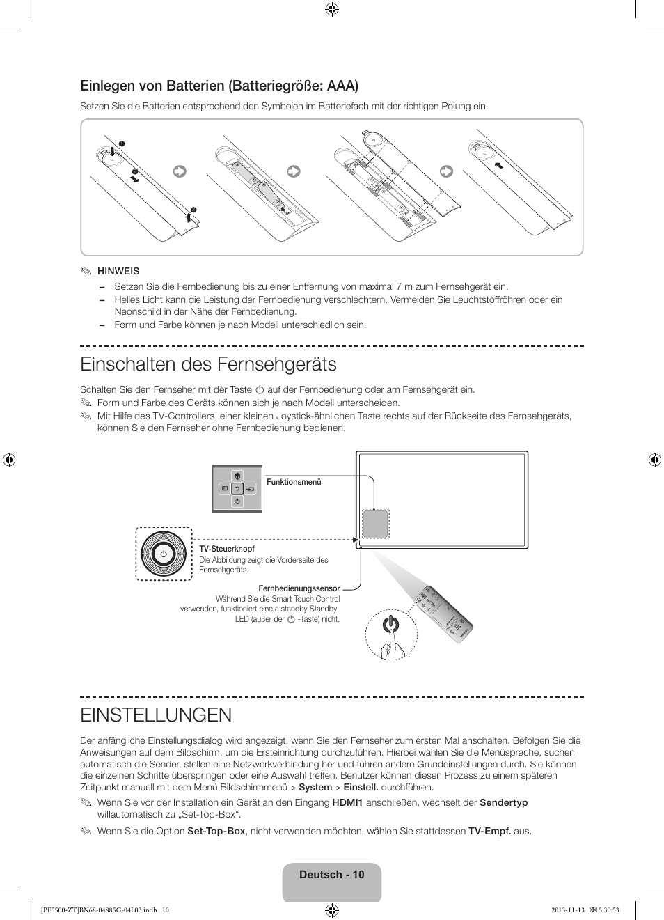 Einschalten des fernsehgeräts, Einstellungen, Einlegen von batterien (batteriegröße: aaa) | Samsung PS60F5500AY User Manual | Page 60 / 75