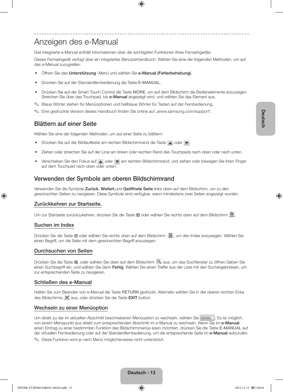 Anzeigen des e-manual, Blättern auf einer seite, Verwenden der symbole am oberen bildschirmrand | Samsung PS60F5500AY User Manual | Page 63 / 75