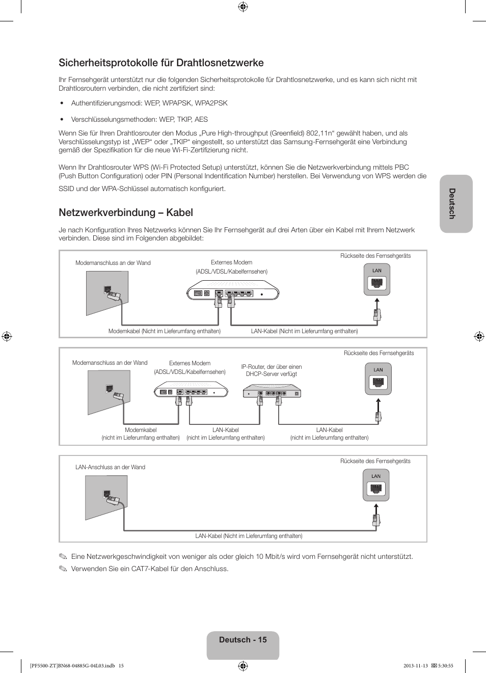 Sicherheitsprotokolle für drahtlosnetzwerke, Netzwerkverbindung – kabel | Samsung PS60F5500AY User Manual | Page 65 / 75