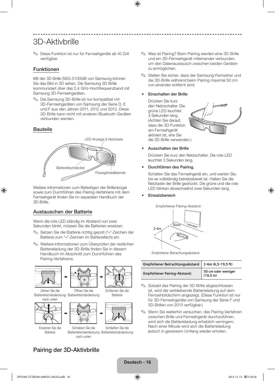 3d-aktivbrille, Pairing der 3d-aktivbrille | Samsung PS60F5500AY User Manual | Page 66 / 75