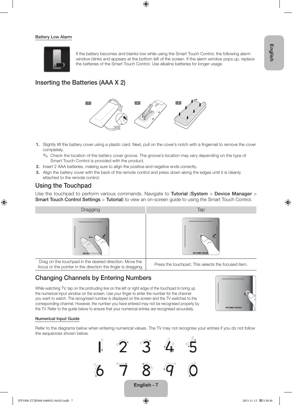 Inserting the batteries (aaa x 2), Using the touchpad, Changing channels by entering numbers | Samsung PS60F5500AY User Manual | Page 7 / 75