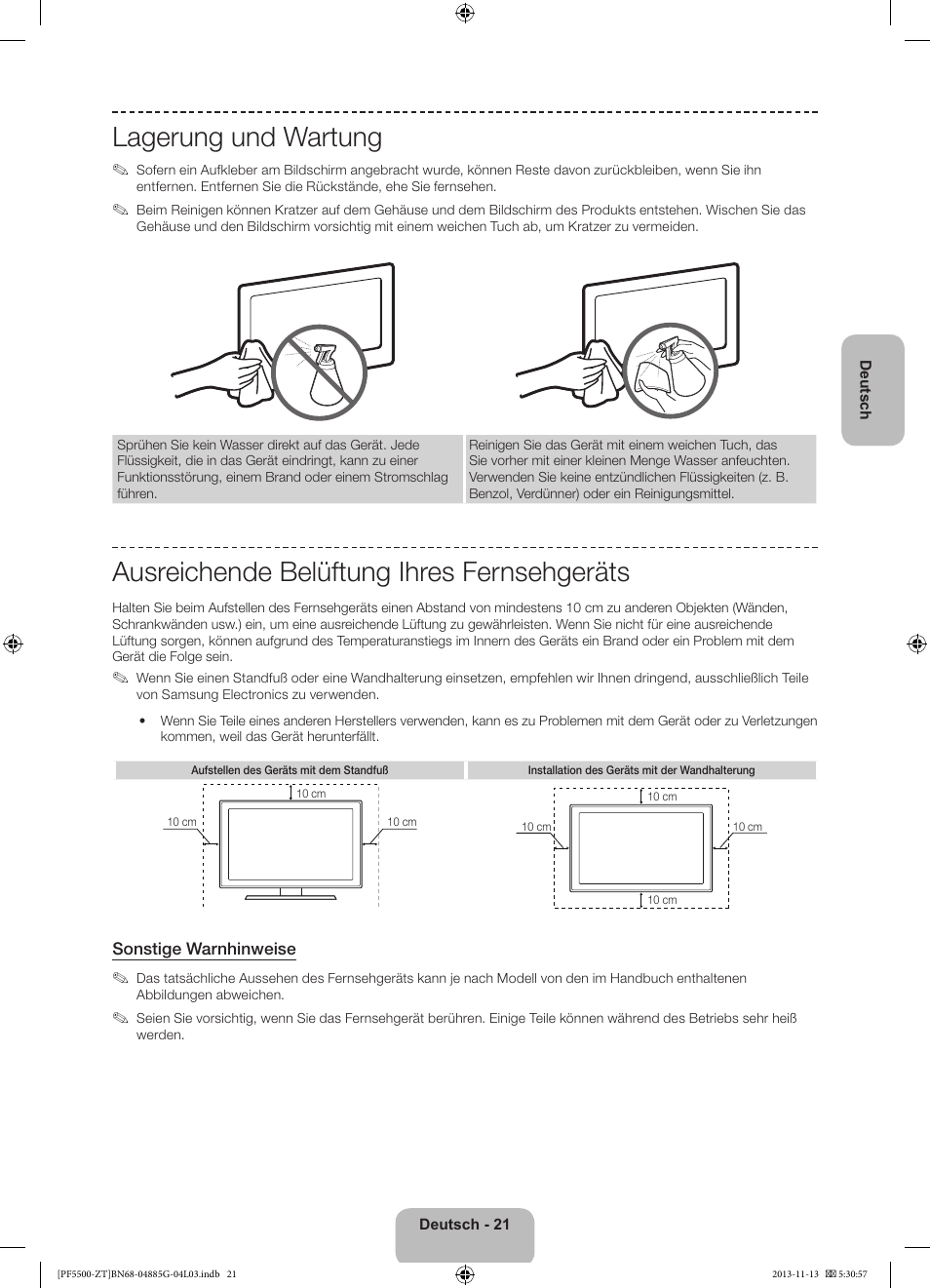 Lagerung und wartung, Ausreichende belüftung ihres fernsehgeräts | Samsung PS60F5500AY User Manual | Page 71 / 75