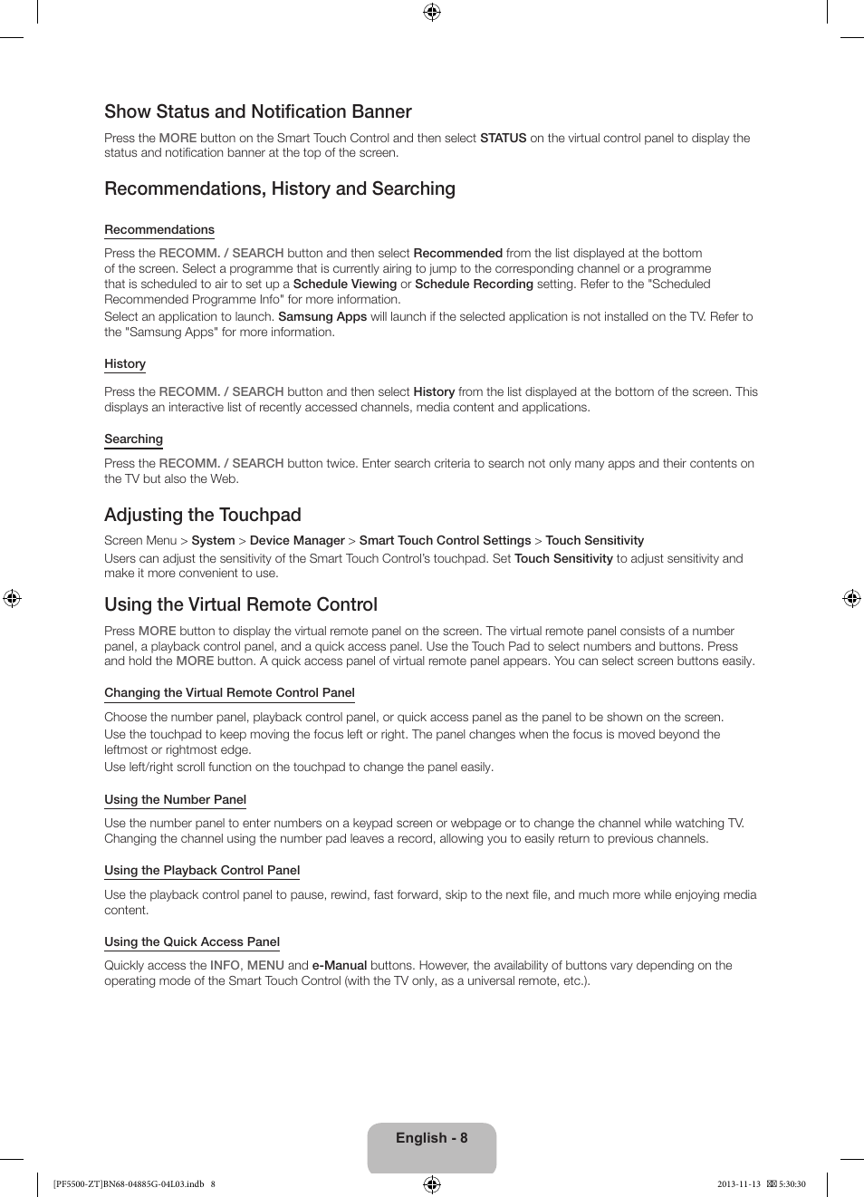 Show status and notification banner, Recommendations, history and searching, Adjusting the touchpad | Using the virtual remote control | Samsung PS60F5500AY User Manual | Page 8 / 75
