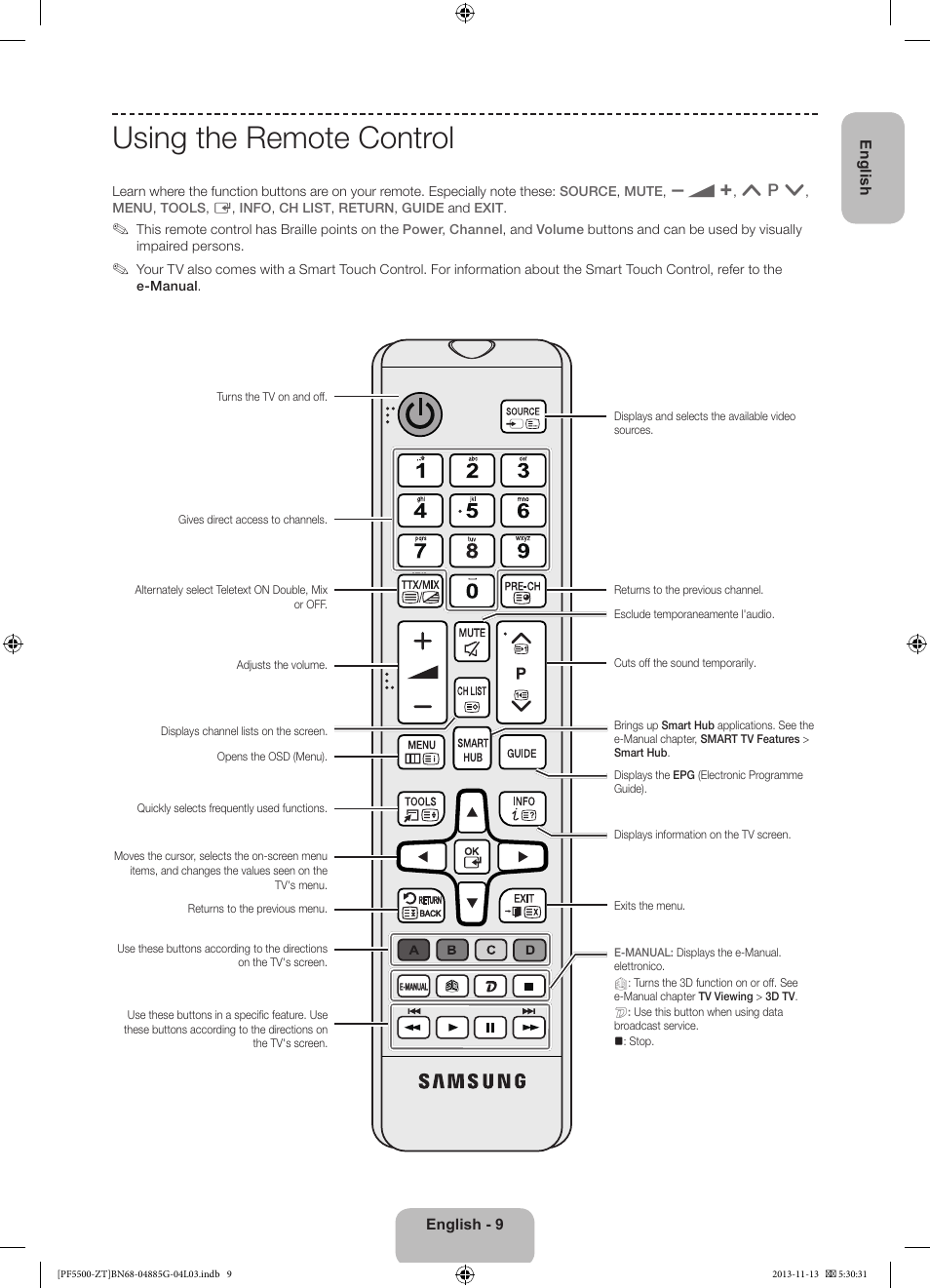 Using the remote control | Samsung PS60F5500AY User Manual | Page 9 / 75