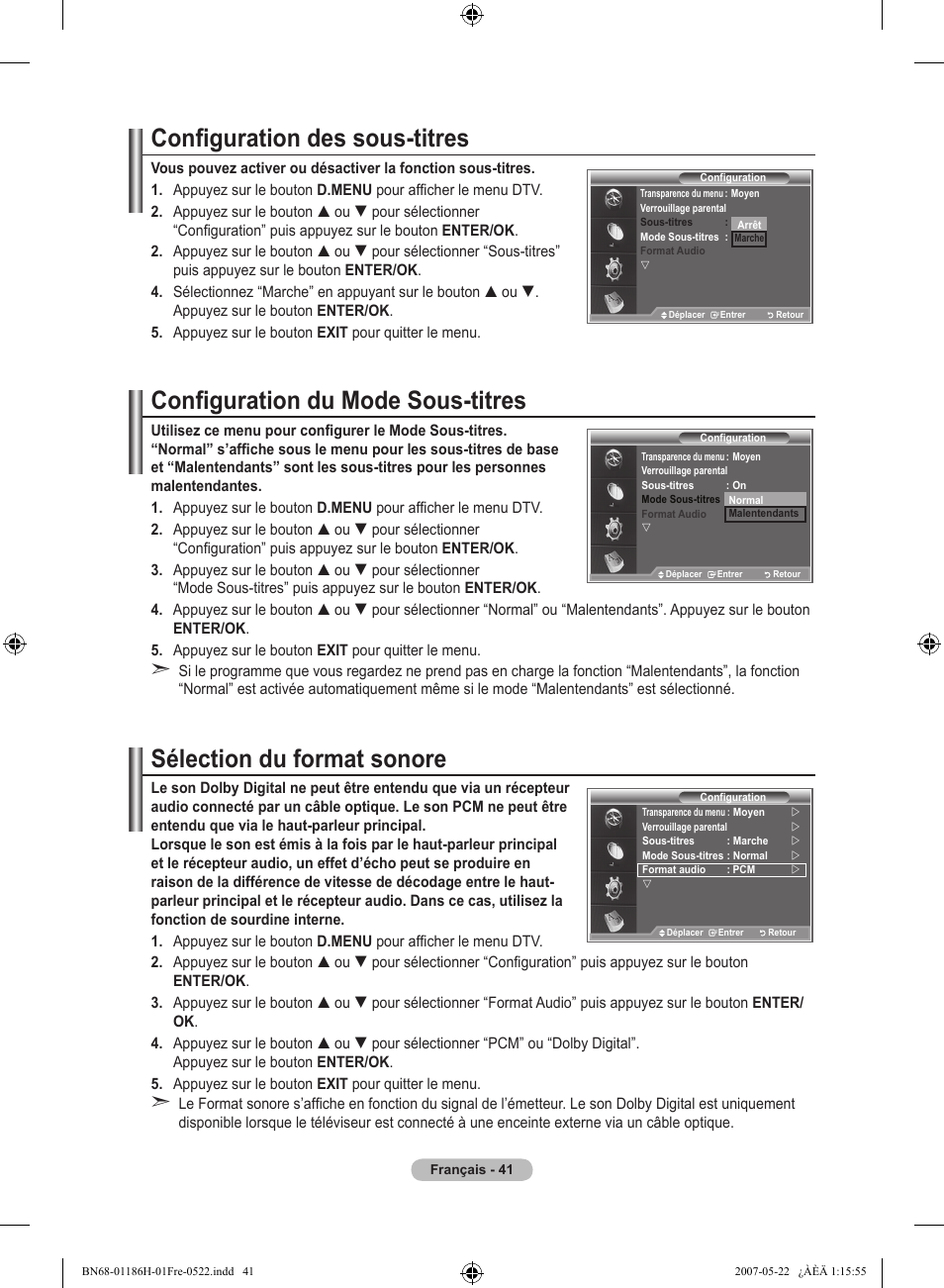 Configuration des sous-titres, Configuration du mode sous-titres, Sélection du format sonore | Samsung LE32M87BD User Manual | Page 103 / 545