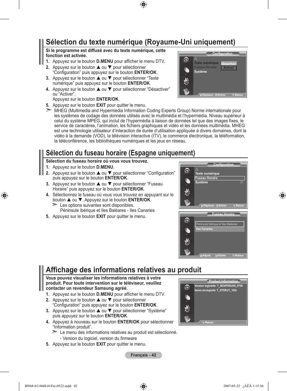 Sélection du fuseau horaire (espagne uniquement), Affichage des informations relatives au produit | Samsung LE32M87BD User Manual | Page 104 / 545