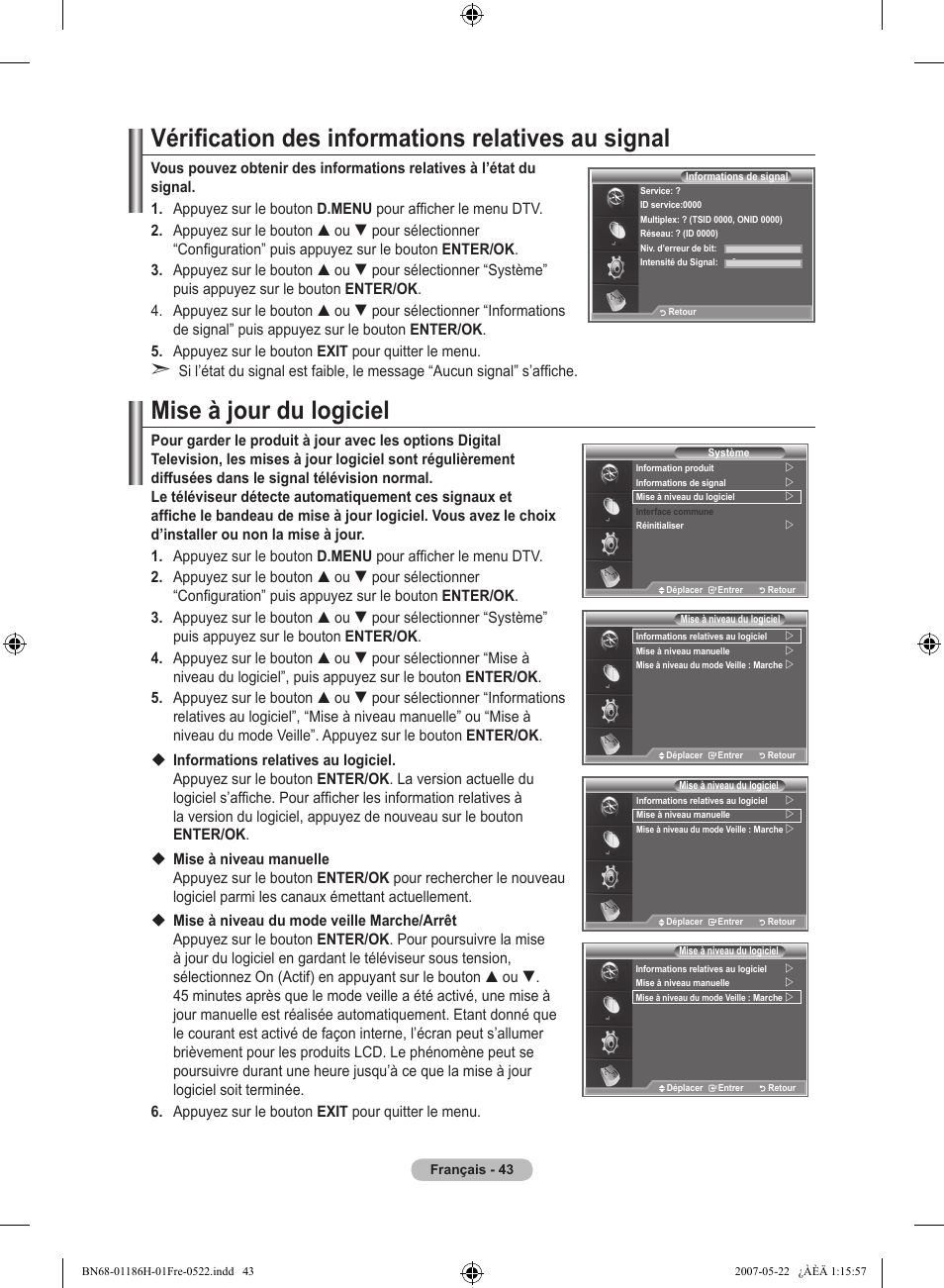 Vérification des informations relatives au signal, Mise à jour du logiciel | Samsung LE32M87BD User Manual | Page 105 / 545