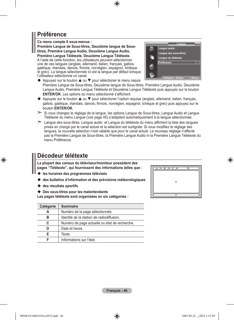 Préférence, Décodeur télétexte | Samsung LE32M87BD User Manual | Page 108 / 545