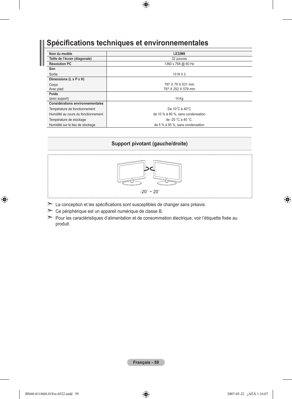 Spécifications techniques et environnementales, Support pivotant (gauche/droite) | Samsung LE32M87BD User Manual | Page 121 / 545