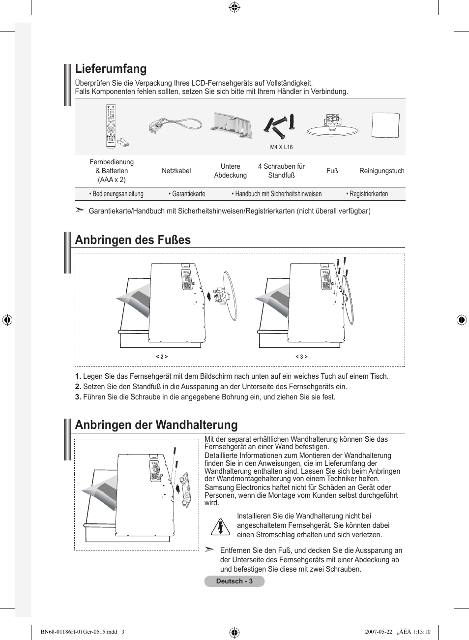 Lieferumfang, Anbringen des fußes, Anbringen der wandhalterung | Samsung LE32M87BD User Manual | Page 125 / 545