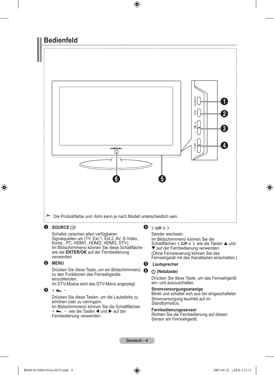 Bedienfeld | Samsung LE32M87BD User Manual | Page 126 / 545