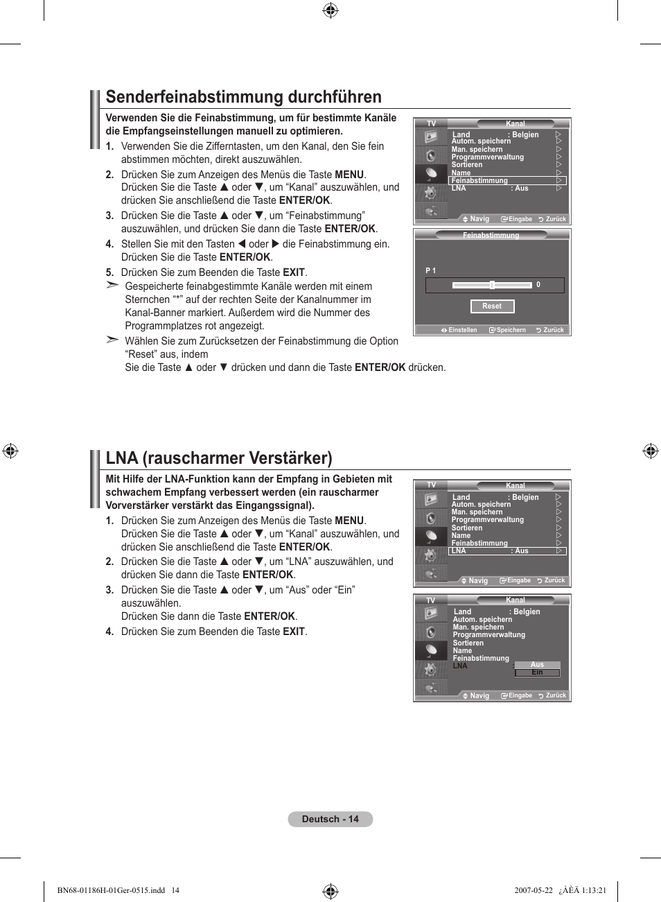 Senderfeinabstimmung durchführen, Lna (rauscharmer verstärker) | Samsung LE32M87BD User Manual | Page 136 / 545